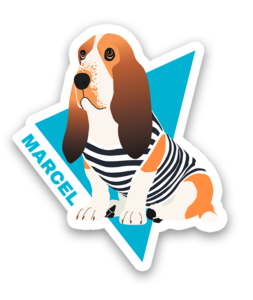 Sticker of Marcel, a basset hound wearing a striped shirt, sitting in front of a blue triangle with his name written down the side.