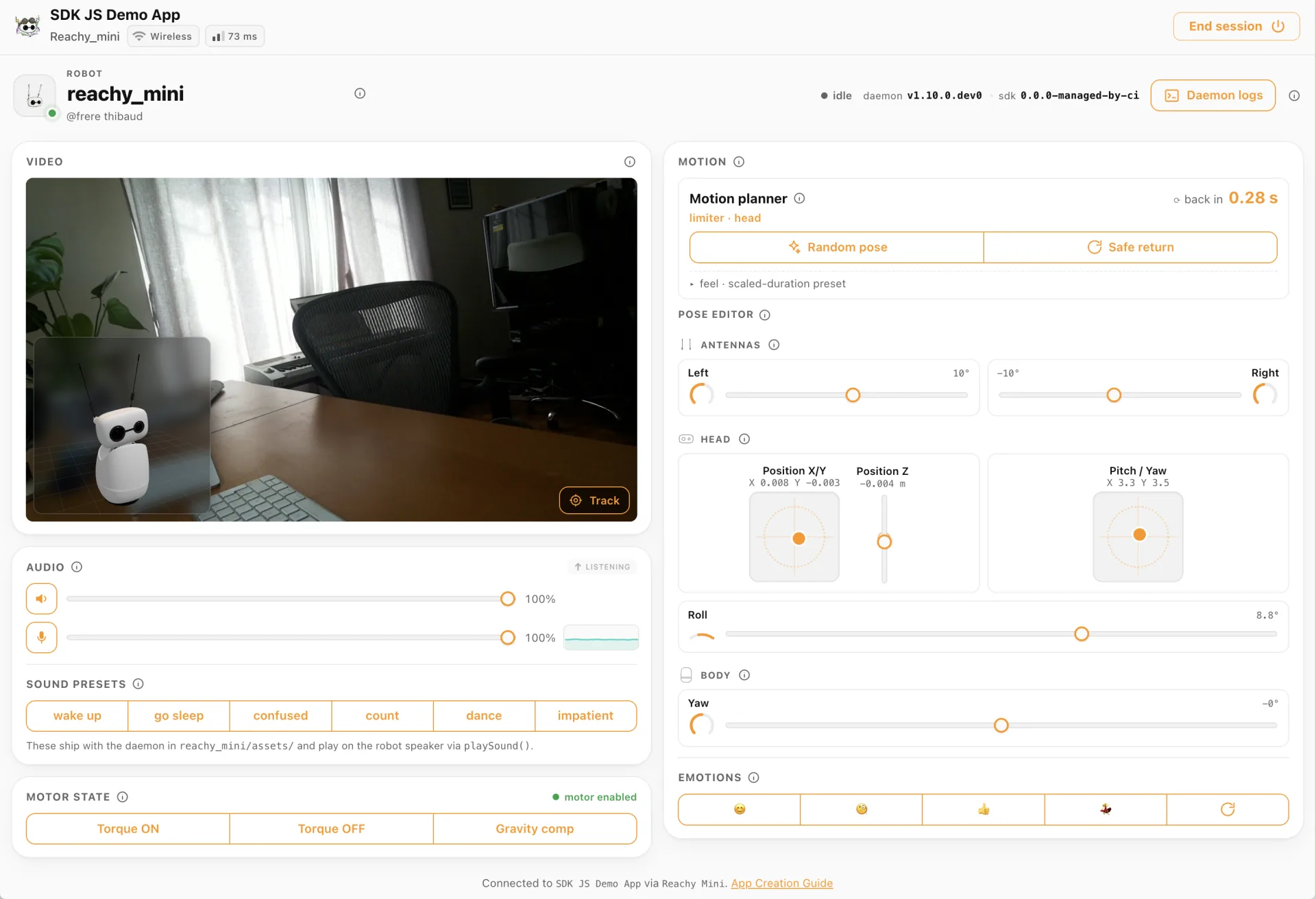 The SDK JS Demo App connected to a robot: live camera feed, audio controls, motion planner and pose editor
